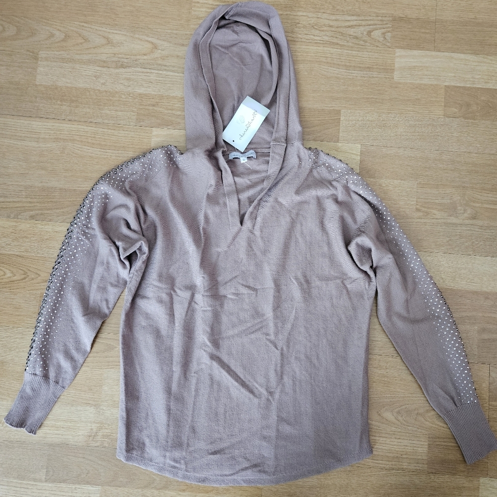 NWT Keren Hart Jeweled Sleeve Hooded Sweater size S Mocha Tan S-2390 - Picture 4 of 16